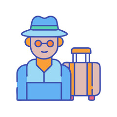 Flat design tourist with luggage on black background illustration