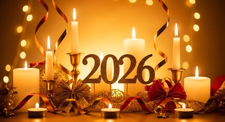 Elegant 2026 New Year's Eve Celebration with Candles, Ribbons, and Sparkling Lights