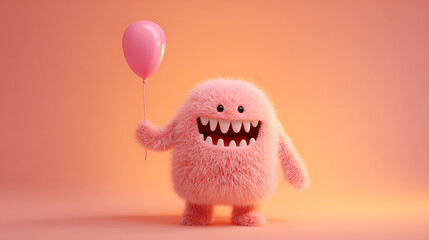 Fluffy pink creature holding a balloon monster