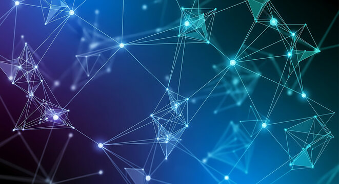 Futuristic science and technology concept featuring a glowing digital web of interconnected nodes and particles on a dark blue background