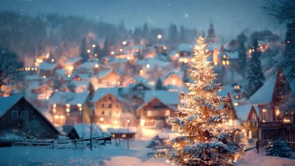 decorated christmas tree in little town on snowy winter eve animation - Powered by Adobe