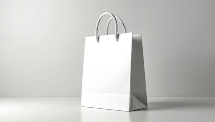 Isolated white paper bag stands on surface. Empty packet mockup for branding design or commercial use. Clean shopping package with rope handles on white background is ready to use.