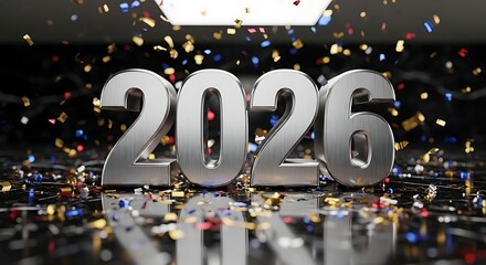 Elegant 2026 New Year Celebration with Metallic Numbers and Confetti on Black Reflective Surface