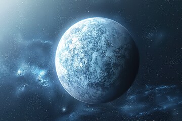 Obraz premium A stunning blue planet floats in the vastness of space. Glowing stars and swirling cosmic clouds create a serene and captivating scene in the galaxy