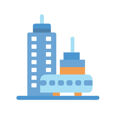 Stylized city buildings with train station on black background