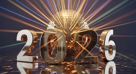 Golden 2026 New Year Celebration with Disco Ball and Light Rays