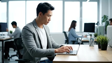 Asian businessman opening and using laptop in modern office, focused work environment creating - Powered by Adobe
