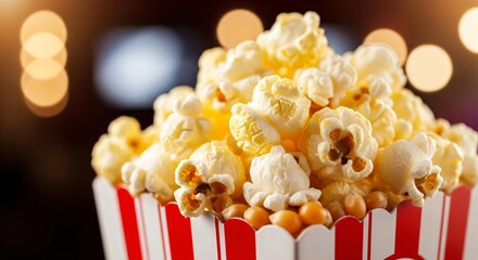 Closeup of popcorn in a red and white striped container at the cinema