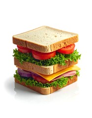 A layered sandwich, sliced tomatoes, cheese, onions, and lettuce