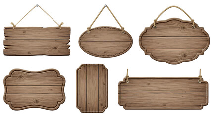 Vector illustration of collection of six rustic wooden signs hanging by rope on a transparent background