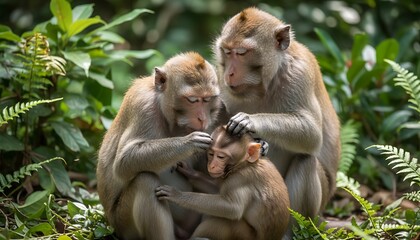 Fototapeta premium Close-up of a monkey family grooming each other in a lush jungle setting