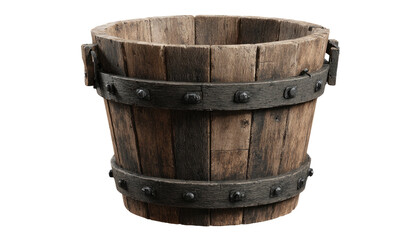 Fototapeta premium Close-up of a weathered, cylindrical wooden bucket with metal bands and rivets