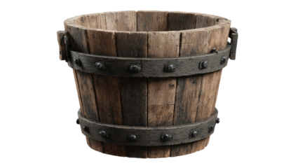 Close-up of a weathered, cylindrical wooden bucket with metal bands and rivets