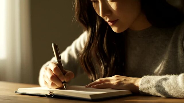 Asian Woman Inspiring Journaling Session: Capturing Ideas in a Cozy and Serene Setting