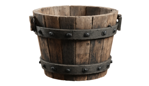 Close-up of a weathered, cylindrical wooden bucket with metal bands and rivets
