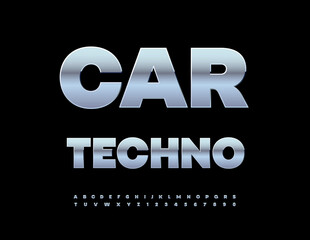Vector Digital sign Car Techno. Modern Silver Font. Stainless Steel Alphabet Letters and Numbers set.