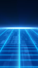 Futuristic glowing blue grid floor extending into dark space horizon
