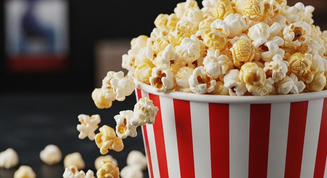 Closeup of popcorn in a red and white striped container at the cinema