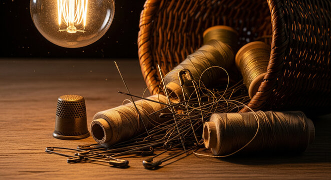 Rustic Crafting Scene: Sewing Supplies and Warm Edison Light Bulb
A warm, low-key, and evocative still life shot of traditional sewing and tailoring supplies scattered on a rustic wooden surface