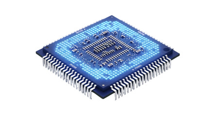 Modern computer processor unit glowing blue on a transparent background