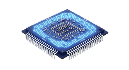 Modern computer processor unit glowing blue on a transparent background