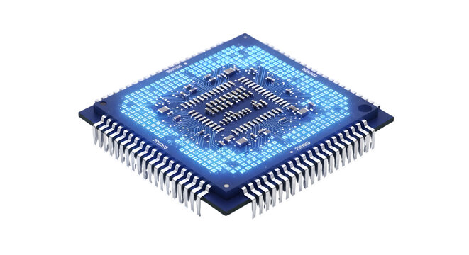 Modern computer processor unit glowing blue on a transparent background