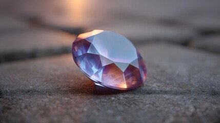 A faceted gemstone with vibrant light refractions rests on a textured stone surface at dusk