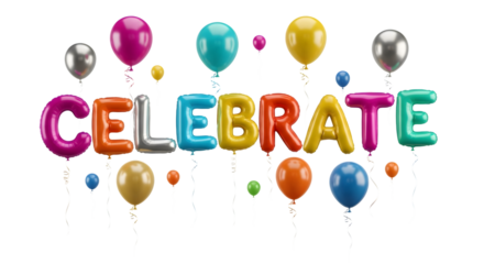 Colorful balloons spelling out celebrate word on a transparent background