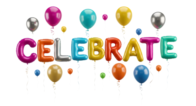 Colorful balloons spelling out celebrate word on a transparent background