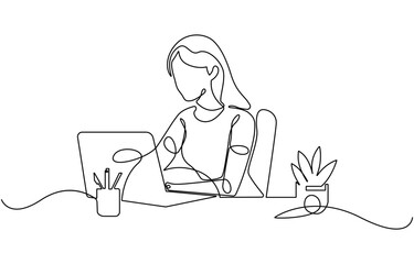 Continuous one line art of young woman using laptop.