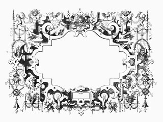 Ornate Renaissance and steampunk frame with surreal decorations.