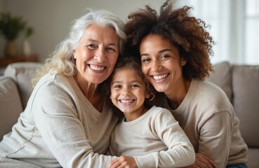 Three generations of women smile together indoors. Grandmother, mother, and daughter pose happily for a photo. They share a warm moment in a cozy home environment, showing affection and togetherness.