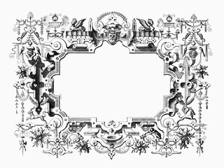 Ornate Renaissance and steampunk frame with surreal decorations.