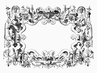 Ornate Renaissance and steampunk frame with surreal decorations.