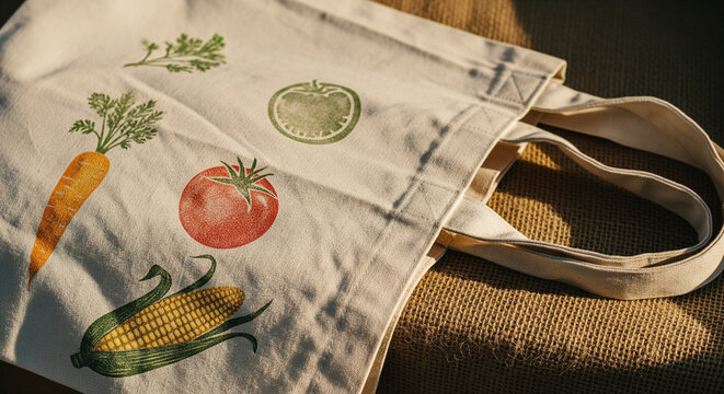 Sustainable Shopping: Canvas Tote Bag with Hand-Painted Vegetable Icons
A close-up, warm, and inviting photograph of a light-colored, reusable canvas tote bag, perfect for grocery shopping or market