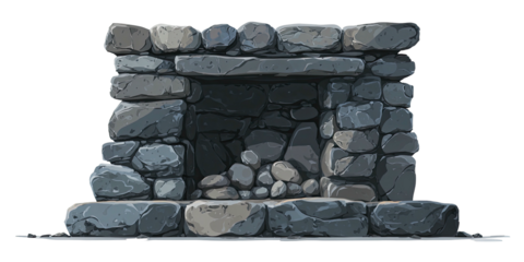 A cartoon stone fireplace with a shadowed interior and visible stone textures