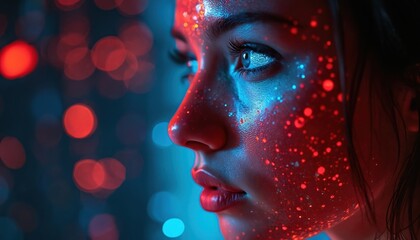 Close-up profile of woman with glowing red, blue particles on face, in eyes. Striking blue eyes reflecting light, skin adorned with shimmering dots against dark, bokeh-filled background.