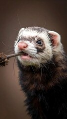 Ferret with a twig in its mouth, looking at the camera.