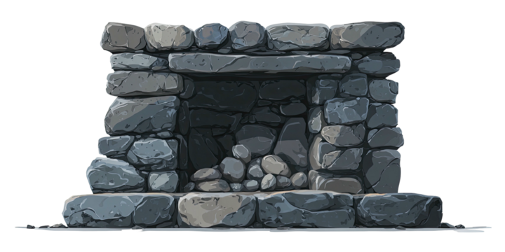 A cartoon stone fireplace with a shadowed interior and visible stone textures