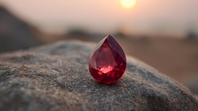 A faceted red gemstone rests on a rock with a sunset in the background