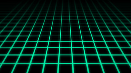 Futuristic neon green wireframe grid background creating an infinite retro perspective plane for digital technology and gaming concepts