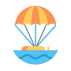 Cartoon parachute and raft icon in blue ocean waves