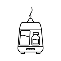 Aroma diffuser with water and essential oil bottle, emitting steam