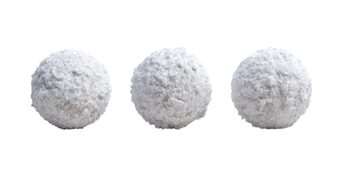 Three snow-like round treats sit against a black backdrop. Each is coated in a white, textured layer