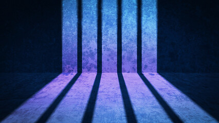 Cinematic dark background with dramatic vertical light rays on a grunge textured wall, creating a mysterious blue and purple scene