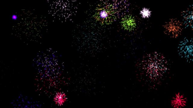 Colorful fireworks confetti explodes on white background, animation of the explosion and fall of confetti in 4k video. confetti bomb effect from the inside glitter background with gold slowly falling