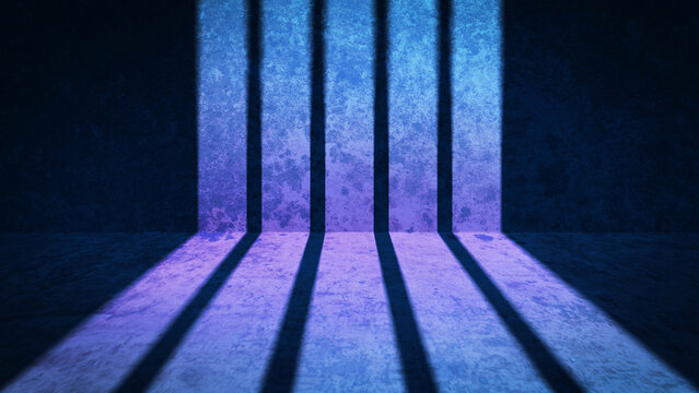 Cinematic dark background with dramatic vertical light rays on a grunge textured wall, creating a mysterious blue and purple scene