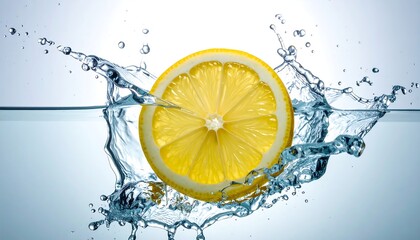 A lemon slice makes a splash in cool, clear water