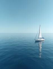 A lone white sailboat glides across a tranquil deep blue ocean under a clear, bright sky. The vessel reflection shimmers on the calm water surface, suggesting peace and solitude.