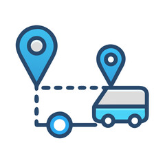 Stylized van icon following a route with location pins